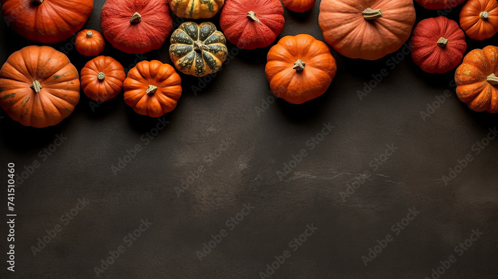 A group of pumpkins on a scarlet color stone - obrazy, fototapety, plakaty 