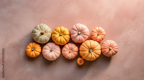 A group of pumpkins on a blush color stone