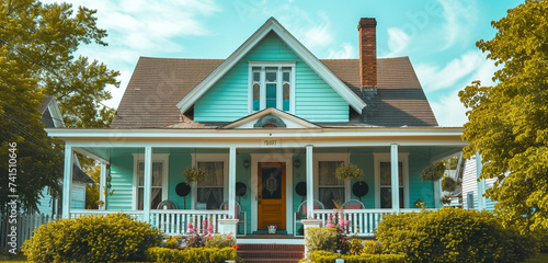 Picturesque colonial revival home with a large front porch and traditional dormer windows, background color mint green