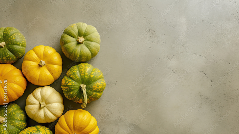 A group of pumpkins on a light lime color stone