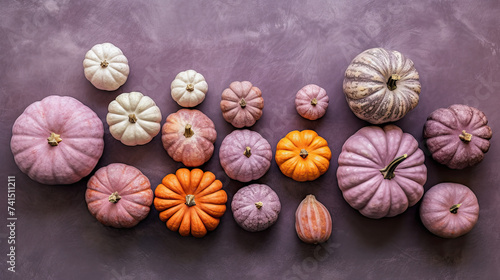 A group of pumpkins on a light purple color stone