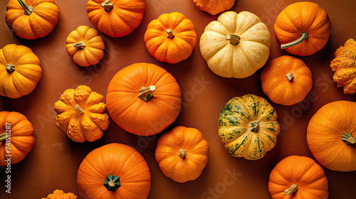 A group of pumpkins on a vivid orange color stone