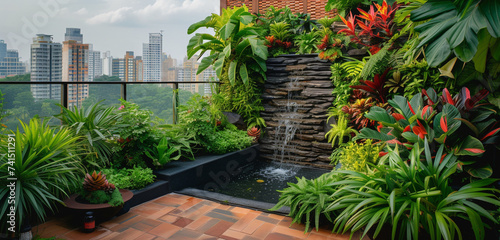 Rooftop garden in a penthouse with a variety of exotic plants, a water feature, and cityscape background, background color forest green