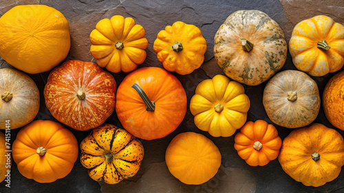 A group of pumpkins on a vivid yellow color stone