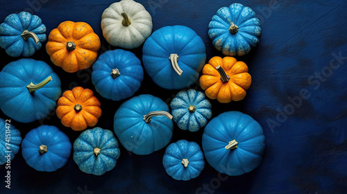 A group of pumpkins on a vivid blue color stone