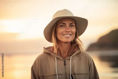 Portrait of a beautiful woman in a hat and coat on the beach at sunset