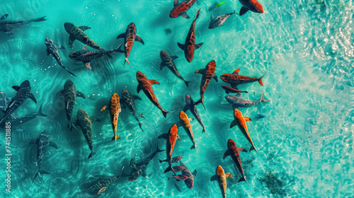 Top View of a Crystal And Clear Turquoise Sea Showcasing An Enormous School of Vibrant Colorful Fish Visible Beneath The Surface. View of Ocean Fauna