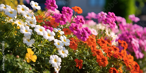 Multi-colored flower bed in the park. Outdoor summer gardening