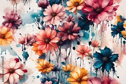 A stunning high-resolution illustration capturing the harmonious blend of vibrant liquid splashes on a clean canvas, featuring modern flower motifs for an added touch of sophistication