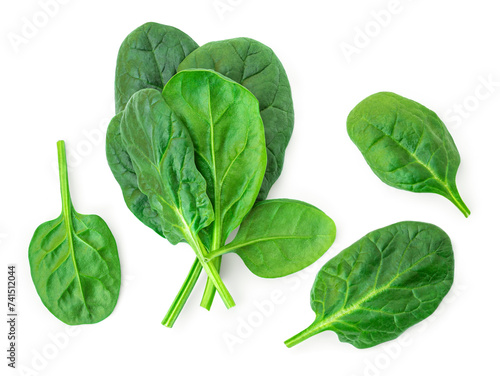 Pile of fresh green baby spinach leaves isolated on white background. Espinach Close up. Flat lay. Food concept.