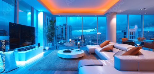 Ultra-modern penthouse with smart home features, automated systems, and a sleek design, background color ice blue