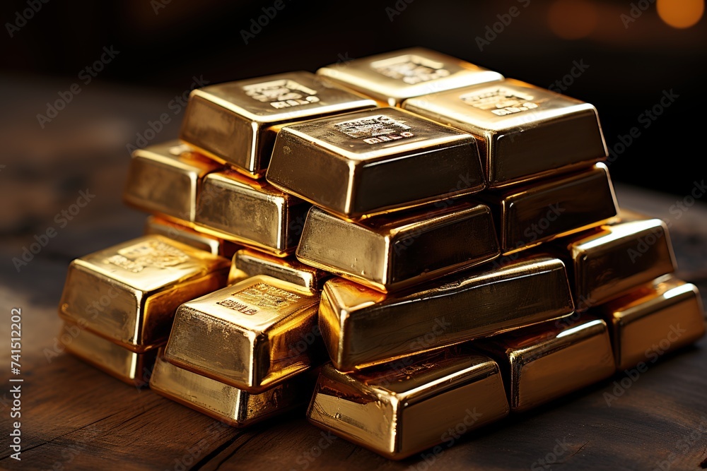 A stack of gold bars gleams in the light, meticulously arranged to symbolize the concept of investment and long-term saving A stack of gold bars gleams in the light, meticulously arranged to symbolize the concept of investment and long-term saving