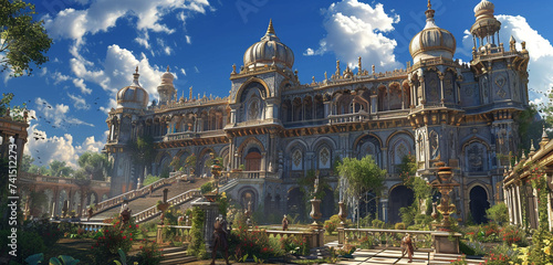 A majestic palace exterior with intricate carvings and a lush garden, under a deep blue sky