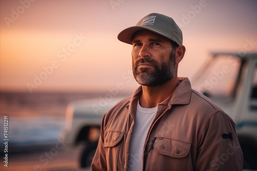 Portrait of a handsome bearded man in a cap standing on the pier at sunset © Nerea