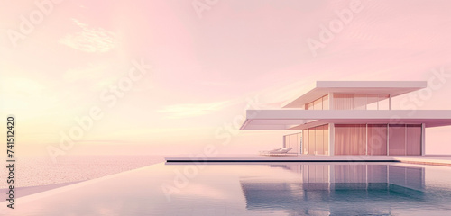 A minimalist white house with a flat roof, adjacent to a pool under an acrylic cover, set against a soft pastel pink sky