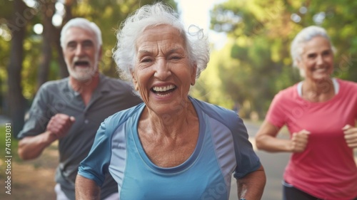 Senior Running Enthusiasts Smiling - Joyful elderly running group in a park setting