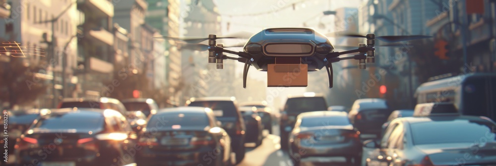 Evening Drone Delivery Service - Drone with cargo box over  traffic jams and city at dusk - obrazy, fototapety, plakaty 