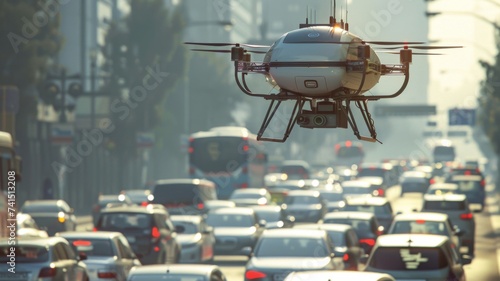 Urban Drone Traffic Monitoring - Drone flies over busy streets for surveillance