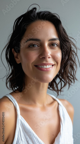 Happy attractive confident young adult or mid aged European woman posing for beauty aesthetic portrait. Beautiful lady smiling on background  attractive female model looking at camera. Close up face .