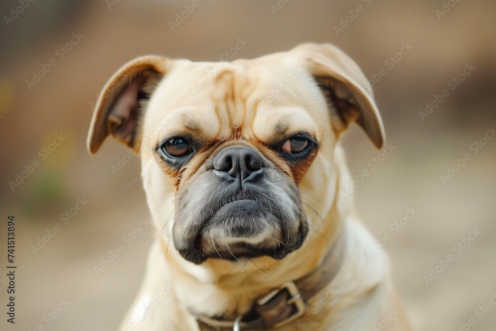 angry dog with wrinkled snout held by a collar