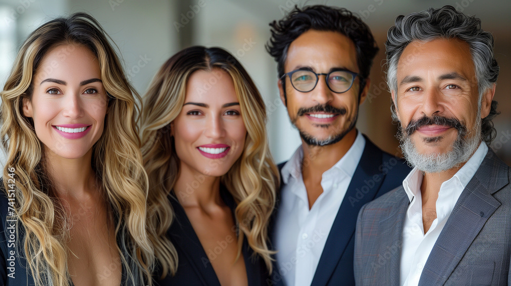 Fototapeta premium Approachable business professionals captured in a studio, vibrant smiles, white modern office background.
