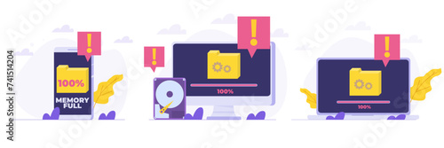 Phone, Laptop, Desktop full memory. Storage space file is full concepts set. Flat Vector illustrations  bundle, collections .