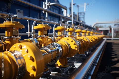 Against the backdrop of a factory, industrial yellow pipelines and valves form a labyrinthine network, illustrating the complex infrastructure that powers manufacturing operations