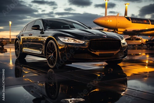 A luxurious black car is parked alongside a private jet on the airport apron, reflecting opulence and exclusivity in air travel