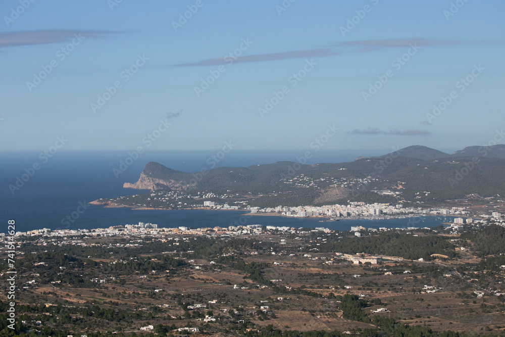 Views of the bay of the city of San Antonio on the west coast of Ibiza from the Sa Talaya mountain in Sant Jose.