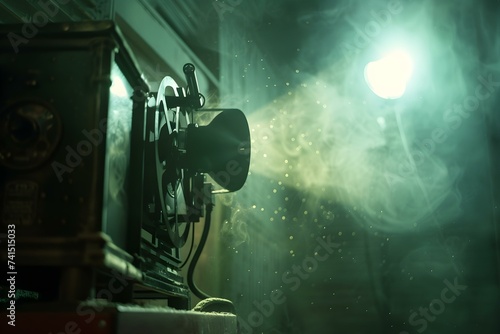 Vintage film projector in dimly lit room with dust particles. Concept Vintage Props, Cinematic Vibes, Nostalgic Setting, Moody Aesthetics, Dusty Ambiance