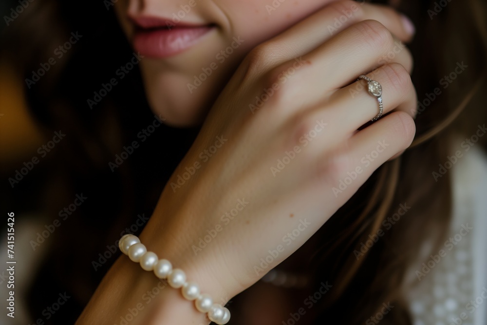 woman adjusting her pearl bracelet, focusing on her wrist
