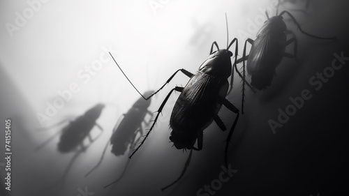 phobia fear silhouettes of huge cockroaches in white fog smoke disinsection. © kichigin19