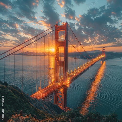 Iconic Landmark Bridge in Golden Light: A captivating shot of an iconic landmark bridge illuminated by the warm and golden light of the setting sun.