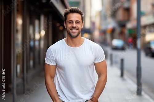 Portrait of a handsome young man smiling at the camera while standing in the street