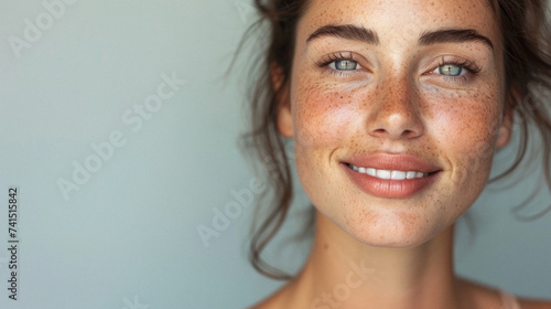 Happy attractive confident young adult or mid aged European woman posing for beauty aesthetic portrait. Beautiful lady smiling on background, attractive female model looking at camera. Close up face .