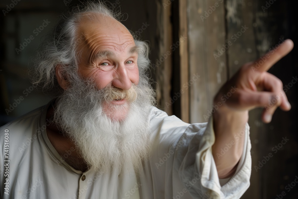 bearded old man pointing with a mischievous smirk bearded old man pointing with a mischievous smirk