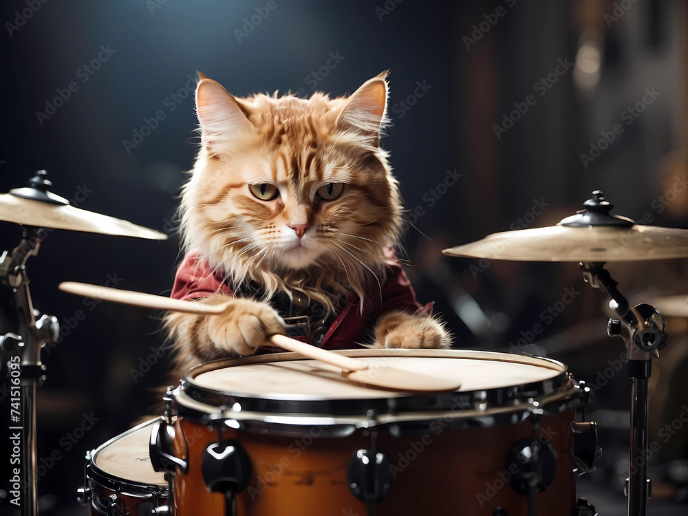 Obraz premium Beautiful cat dressed like a person with drums