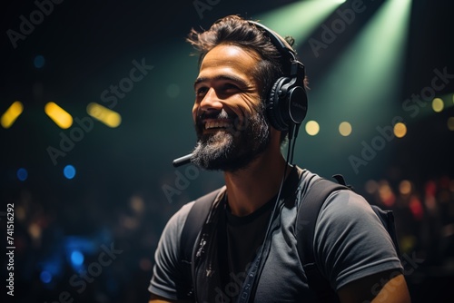 A dynamic motivational speaker, wearing a headset, captivates the audience on stage with an inspiring message of personal growth and empowerment