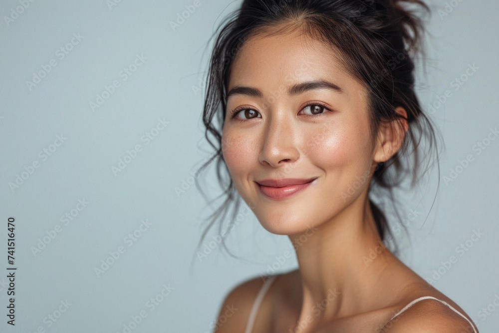 Beautiful young adult Asian woman posing for beauty portrait. Pretty smiling happy healthy girl model from Asia pampering smiling on background advertising skin care cosmetics. Face skincare concept . Beautiful young adult Asian woman posing for beauty portrait. Pretty smiling happy healthy girl model from Asia pampering smiling on background advertising skin care cosmetics. Face skincare concept .