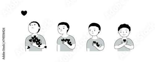 Boys see other people having things more than him and the last boy have only one thing but he can appreciate in cartoon line drawing style.