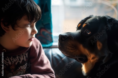 rottweiler beside a teenager, both looking at a thriller film photo