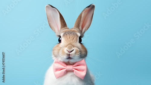 cute bunny with a pink bow on a blue background with space for text © Katrin_Primak