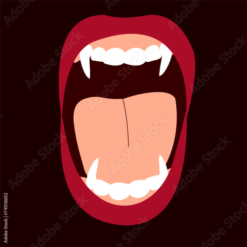 Vector flat illustration of a vampire mouth.Girl lips in blood,vampire fangs