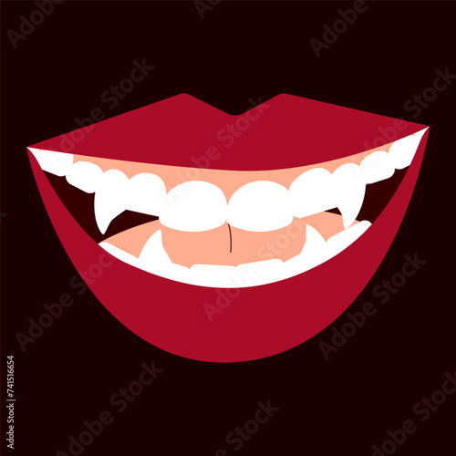 Vector flat illustration of a vampire mouth.Girl lips in blood,vampire fangs