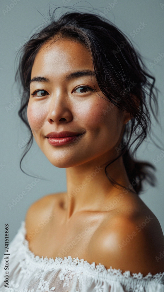 Beautiful confident Asian woman of middle age posing for portrait. Pretty mature adult lady model from Asia looking at camera smiling on background advertising products and services. Close up face . Beautiful confident Asian woman of middle age posing for portrait. Pretty mature adult lady model from Asia looking at camera smiling on background advertising products and services. Close up face .