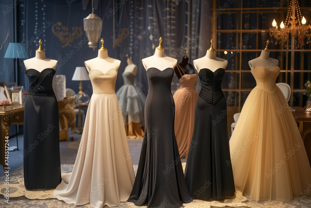 assorted strapless evening dresses on display with shops decor in background - obrazy, fototapety, plakaty 