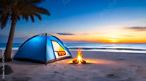 tent on the beach. camping on the beach with the natural lighting of a campfire