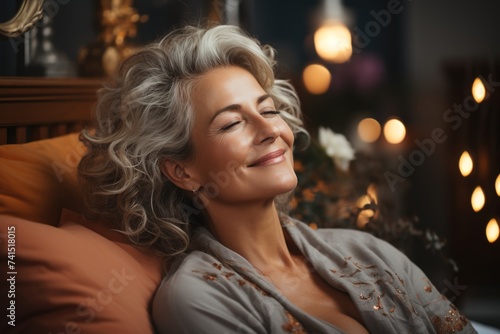 In a heartwarming scene, a senior woman awakens with a beaming smile on her face, radiating happiness and inner peace as she embraces the new day with joy