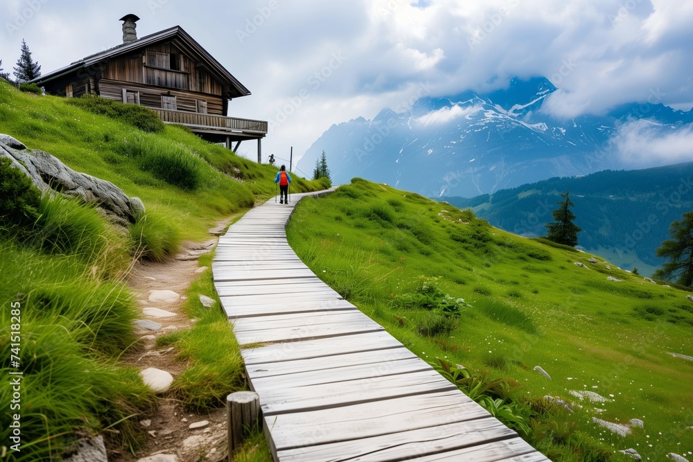 wooden path leading to remote chalet, person hiking wooden path leading to remote chalet, person hiking