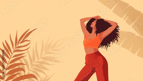 Curvy black woman doing funny movements in a dance workout, beige background